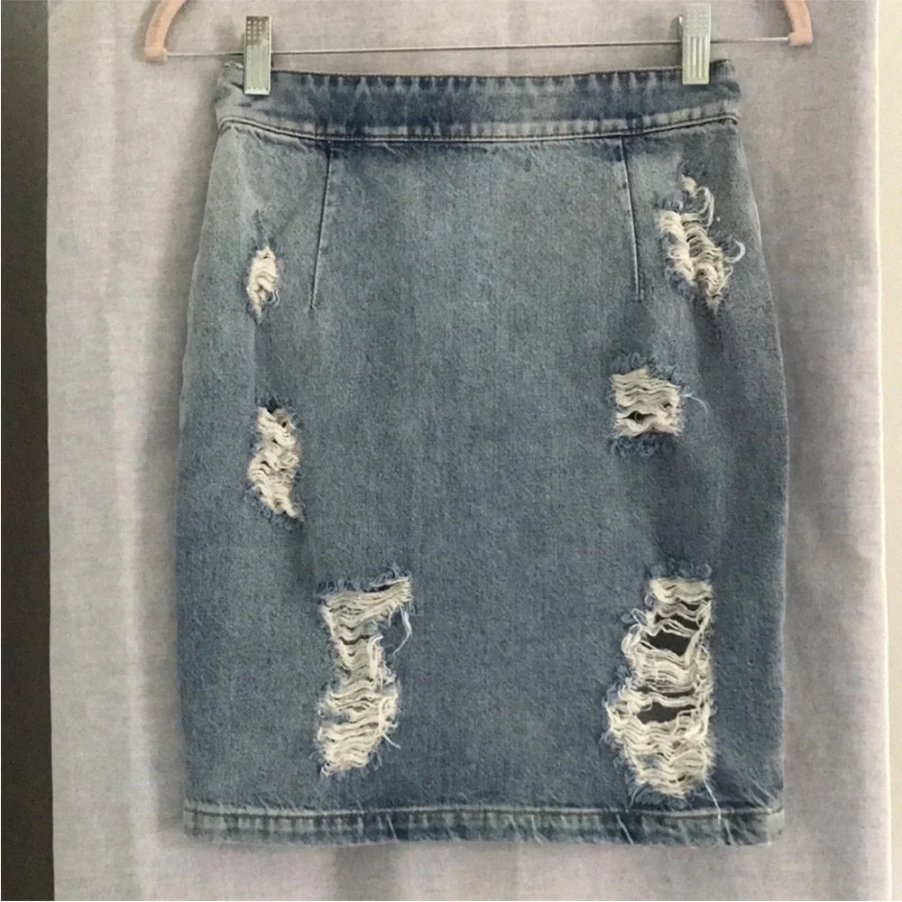 IRO distressed ripped denim jean pencil skirt